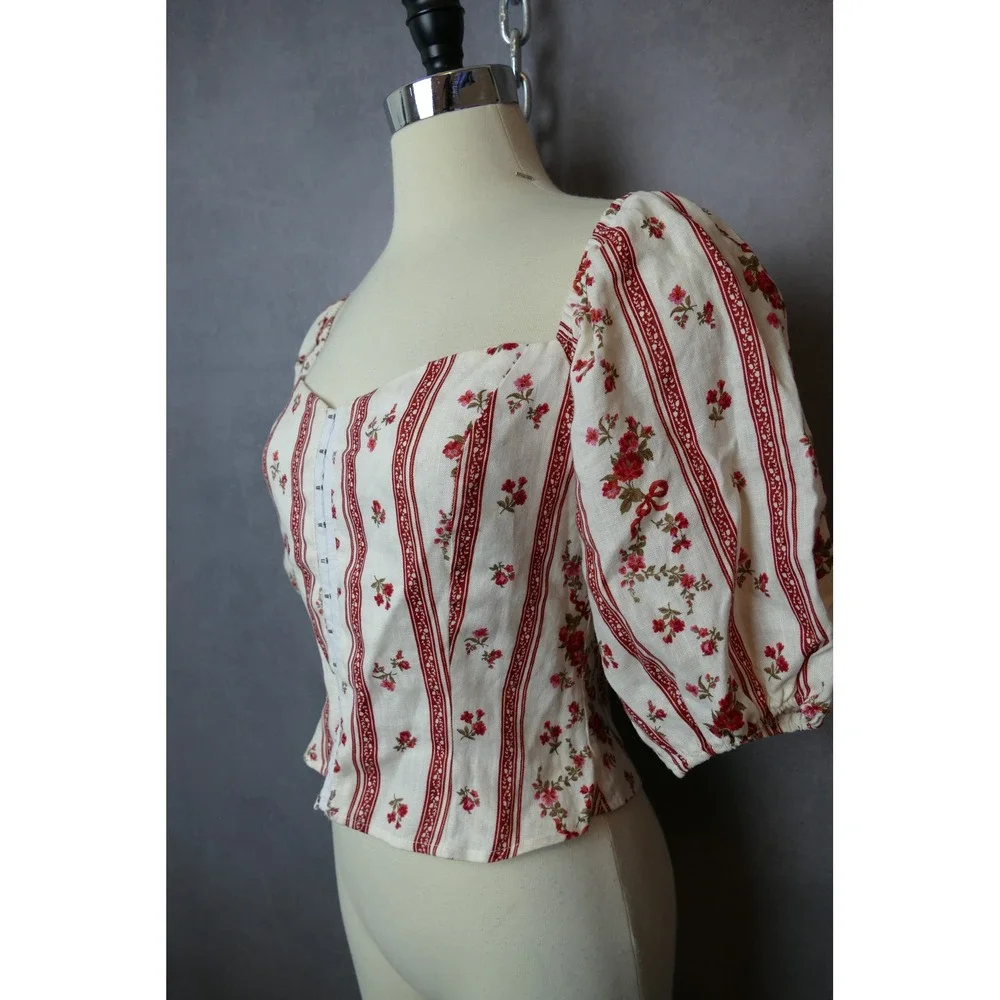 Reformation Romi Striped Floral Corset Puff Sleeve Square Neck Hook and Eye SZ 6